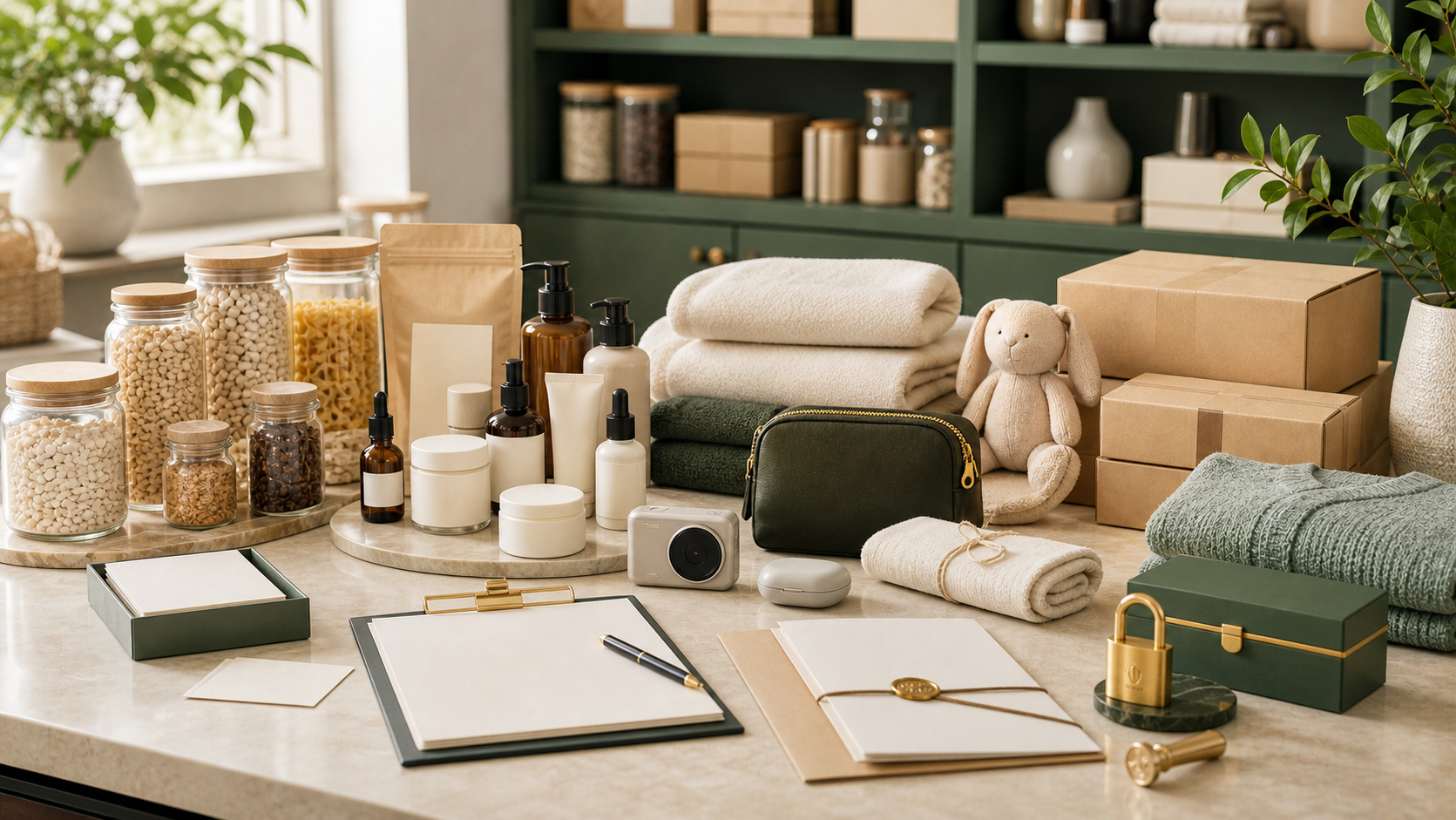 Bright premium unbranded marketplace product collection with pantry, beauty, home, family, accessories, small gadget, and packaging.