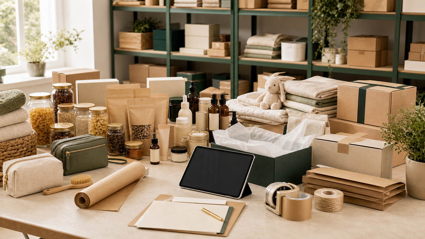 Bright premium universal commerce process scene with mixed unbranded products, parcels, blank documents, and tablet.