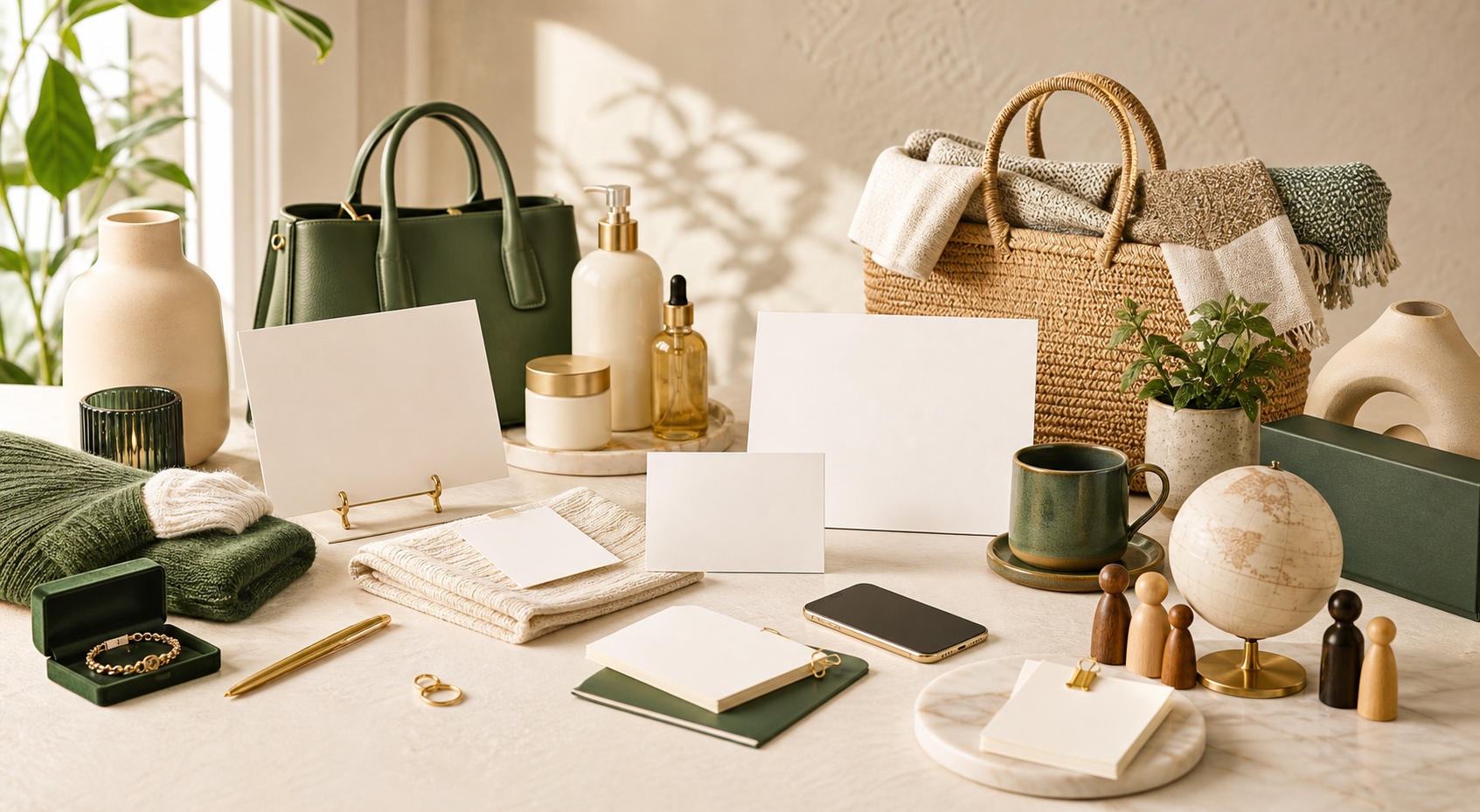 Bright premium unbranded marketplace guidance scene with mixed product samples, neutral blank documents, cards, and warm cream, green, and gold styling.
