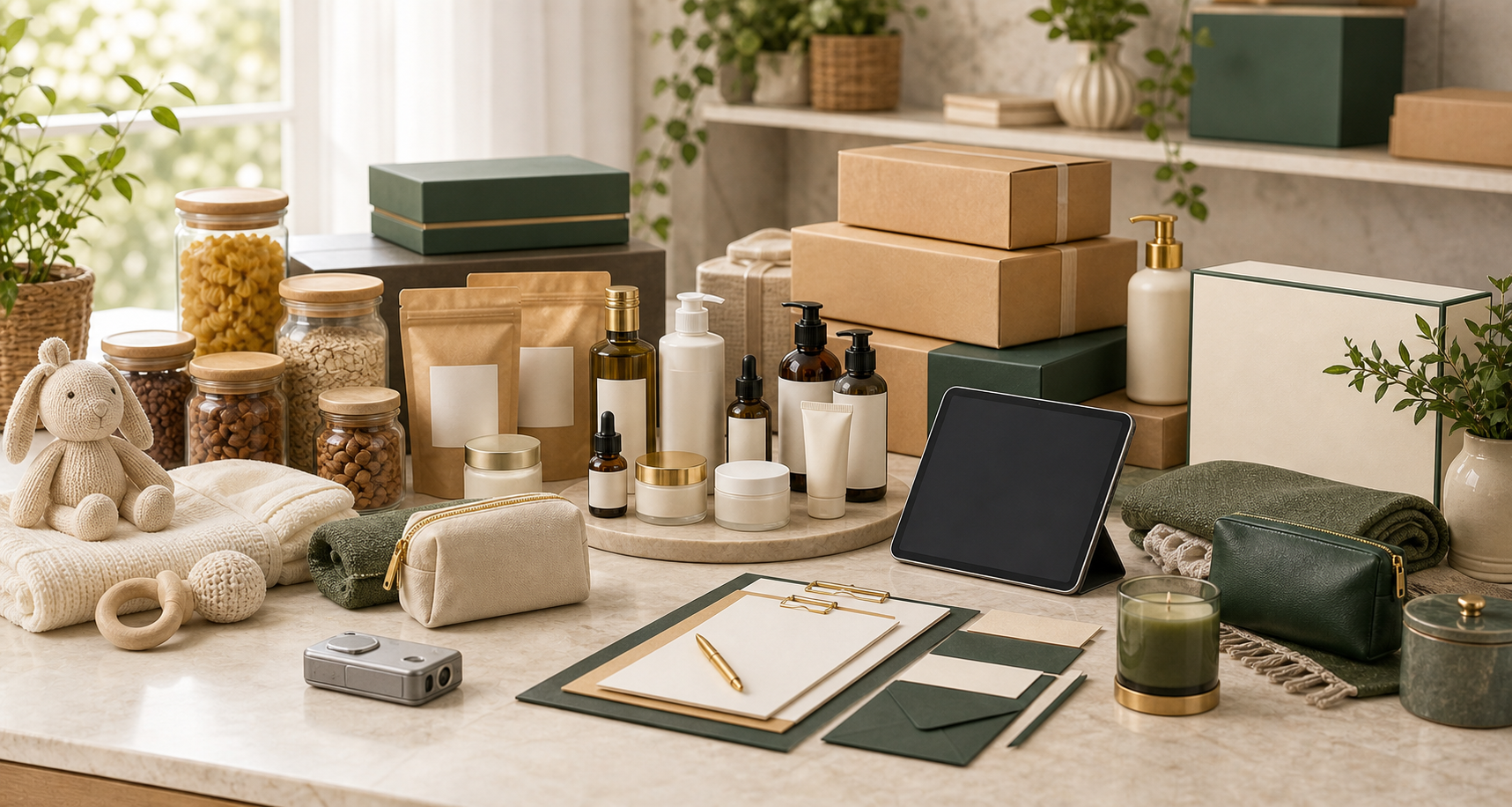 Bright premium unbranded seller stock and fulfilment scene with mixed products, parcels, packing materials, and seller tools.