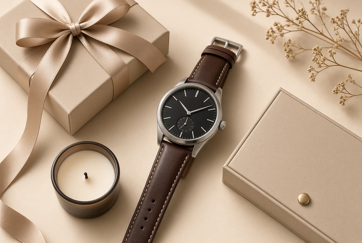 A gift box with a ribbon, a leather-strap watch and a candle arranged on a cream background.