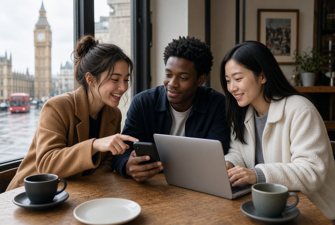 Three friends in a London cafe comparing options on a phone and laptop.