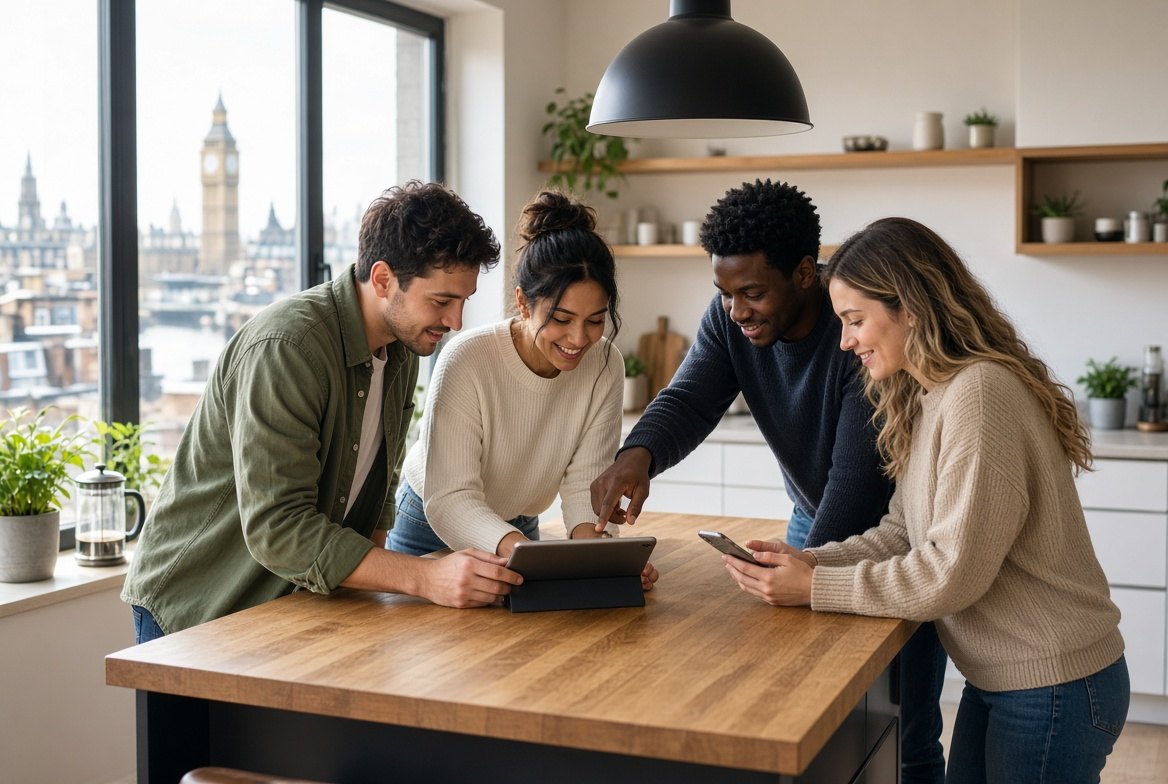 Four friends gathered round a table in a bright London flat, choosing a product together on a tablet and phone.