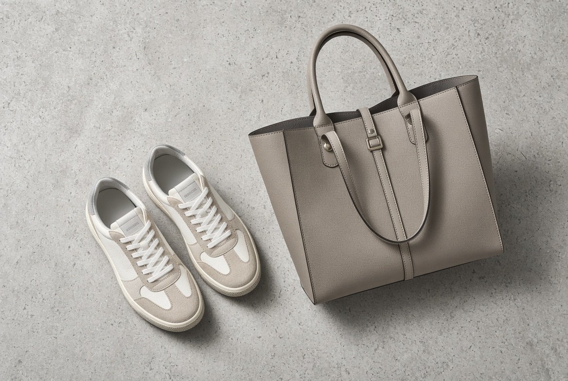 White trainers and a grey leather tote bag on a concrete surface.