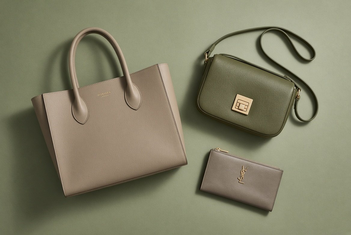 Three handbags and a purse laid out neatly on a sage green background.