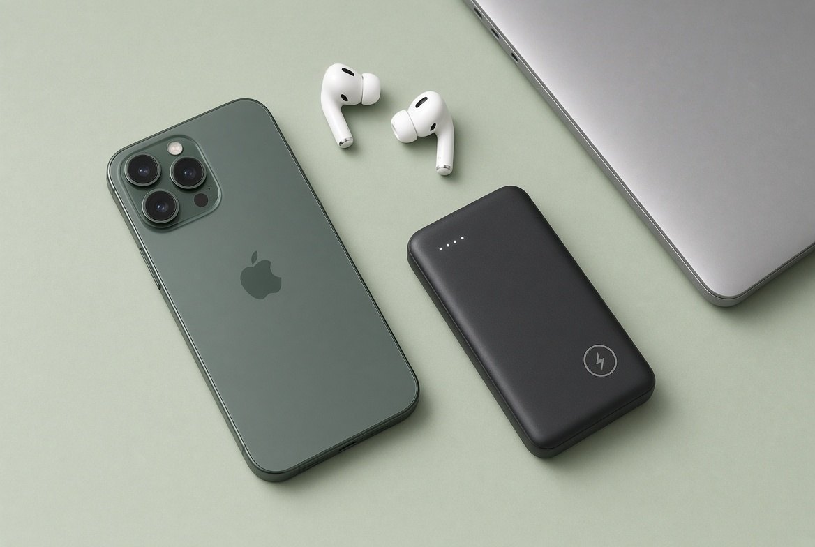 A smartphone, wireless earbuds, a power bank and a laptop on a pale green surface.